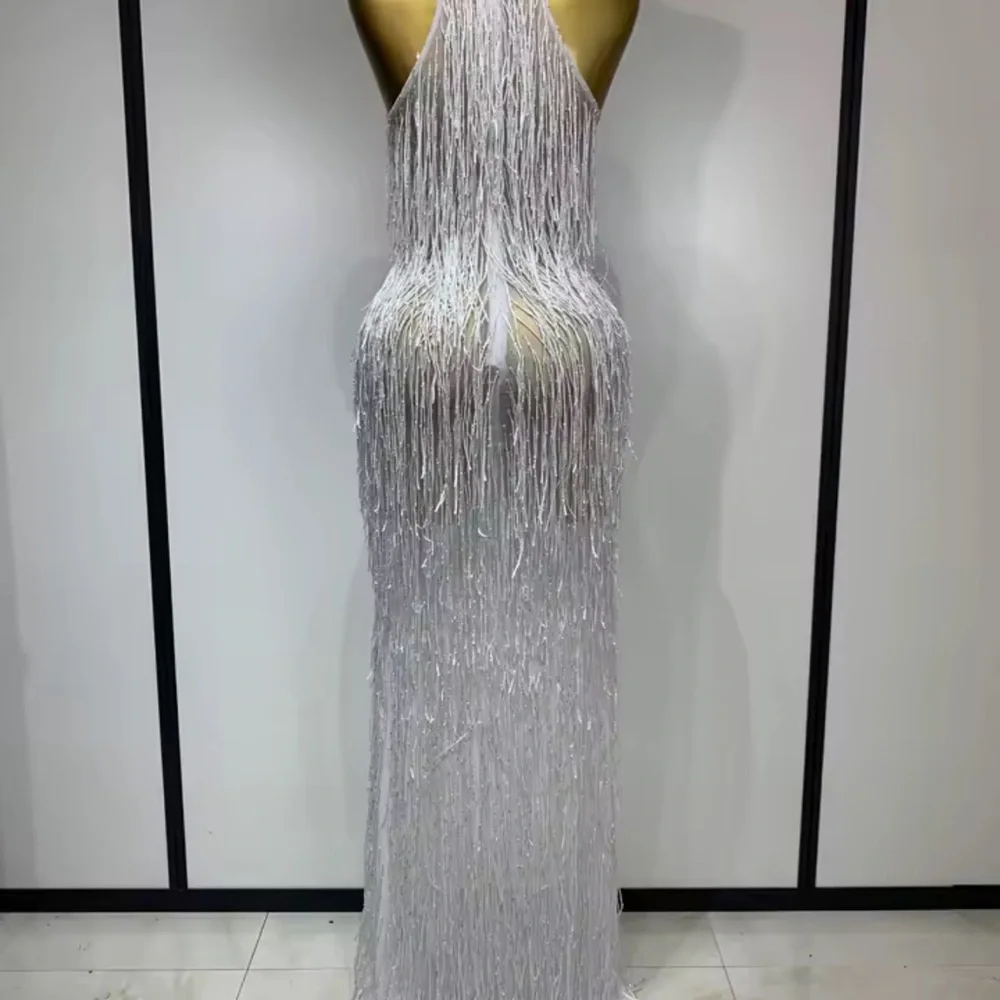 Glamorous Silver Fringe Halter Maxi Dress - Picture 2 of 3